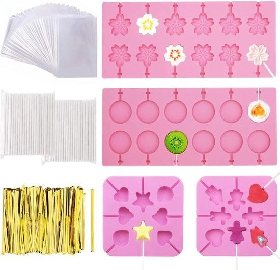 Lolly vormi in silicone a forma di cuore con decorazione a forma di ciliegio e foglie di ciliegio - bastoncini per lattine e sacchetti per caramelle con cinturini dorati