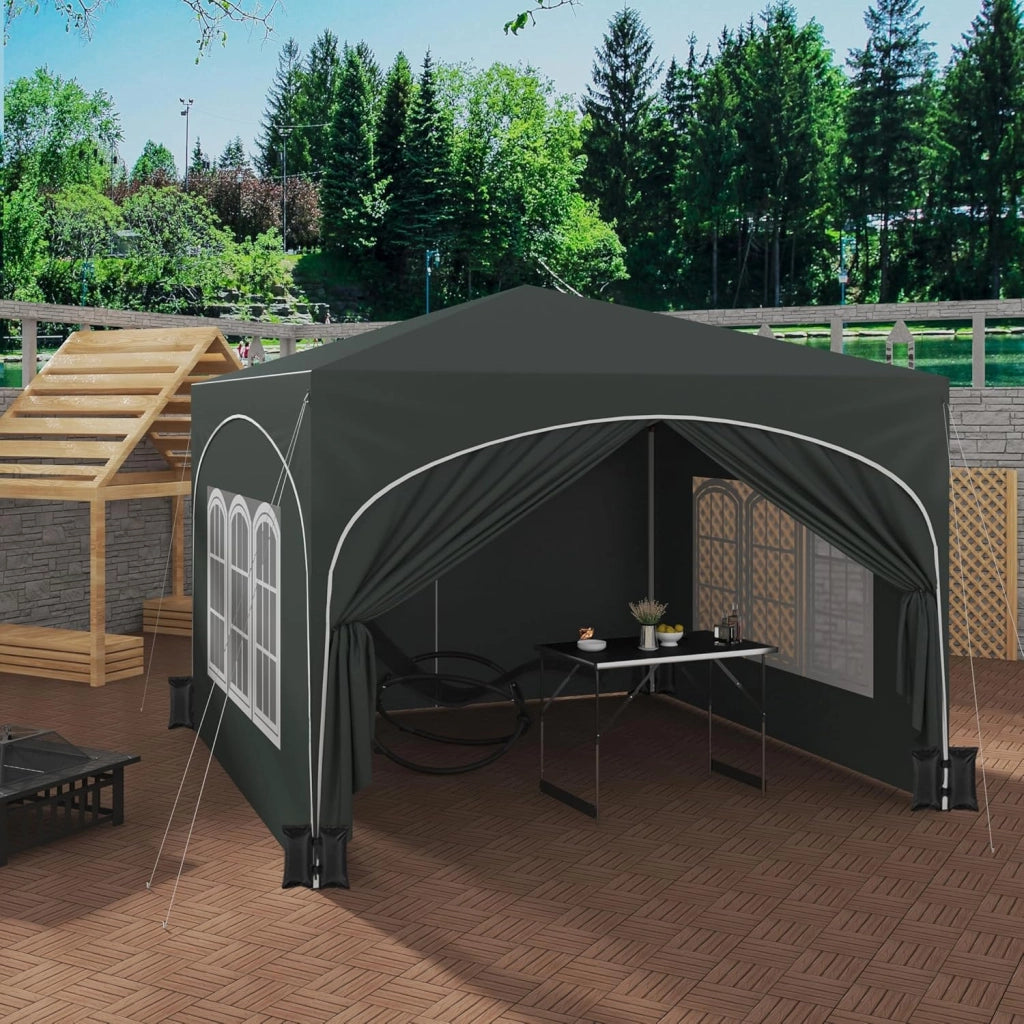 Gazebo da Giardino Richiudibile 3x3m con Pannelli Laterali,Gazebo da Esterno in Ferro Regolabile in Altezza Tendone con Soffitto Semicircolare Pieghevole,Set di 4 Sacchi di Sabbia,Grigio