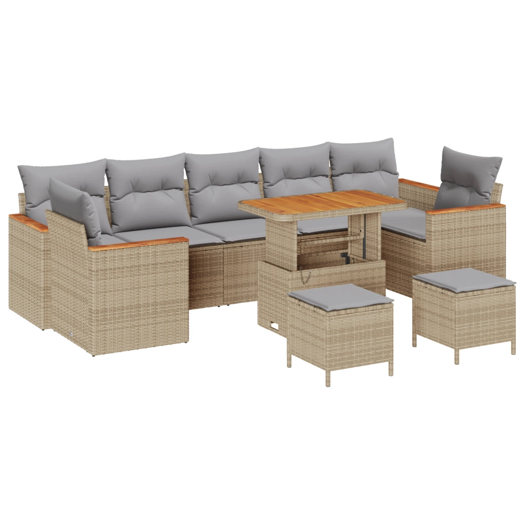 Set di Divano da Giardino  da 10 Pezzi con Cuscini Beige Polyrattan Acacia