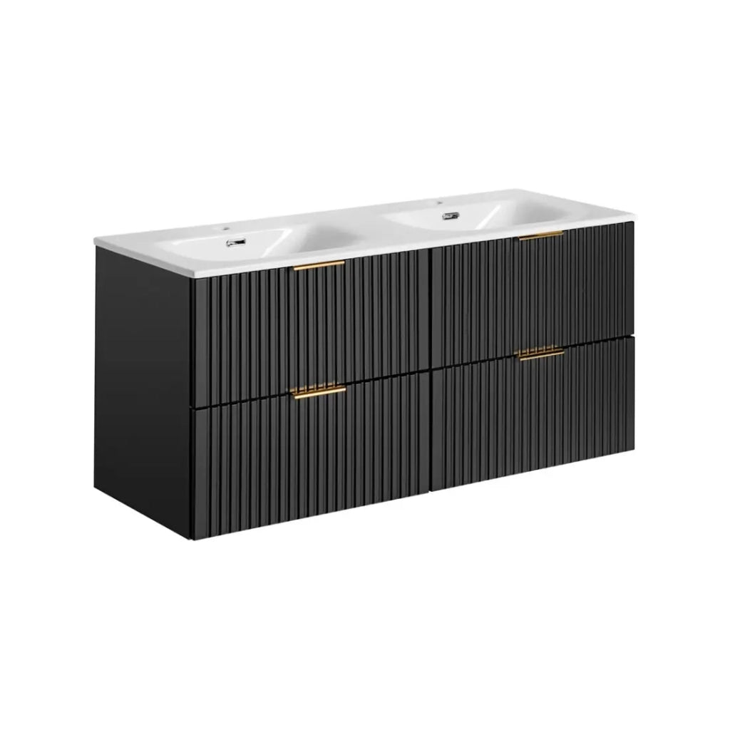 Mobile sotto lavabo NOXERA 120 cm – Nero opaco – Doppio lavabo incassato + sifoni