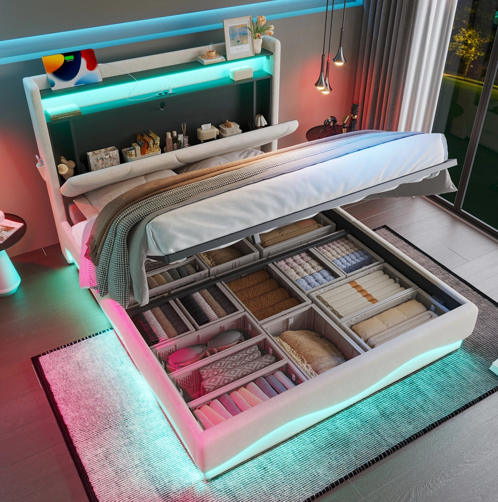 Letto contenitore 160x200 cm in velluto beige con LED; testiera con mensola; USB e Type-C