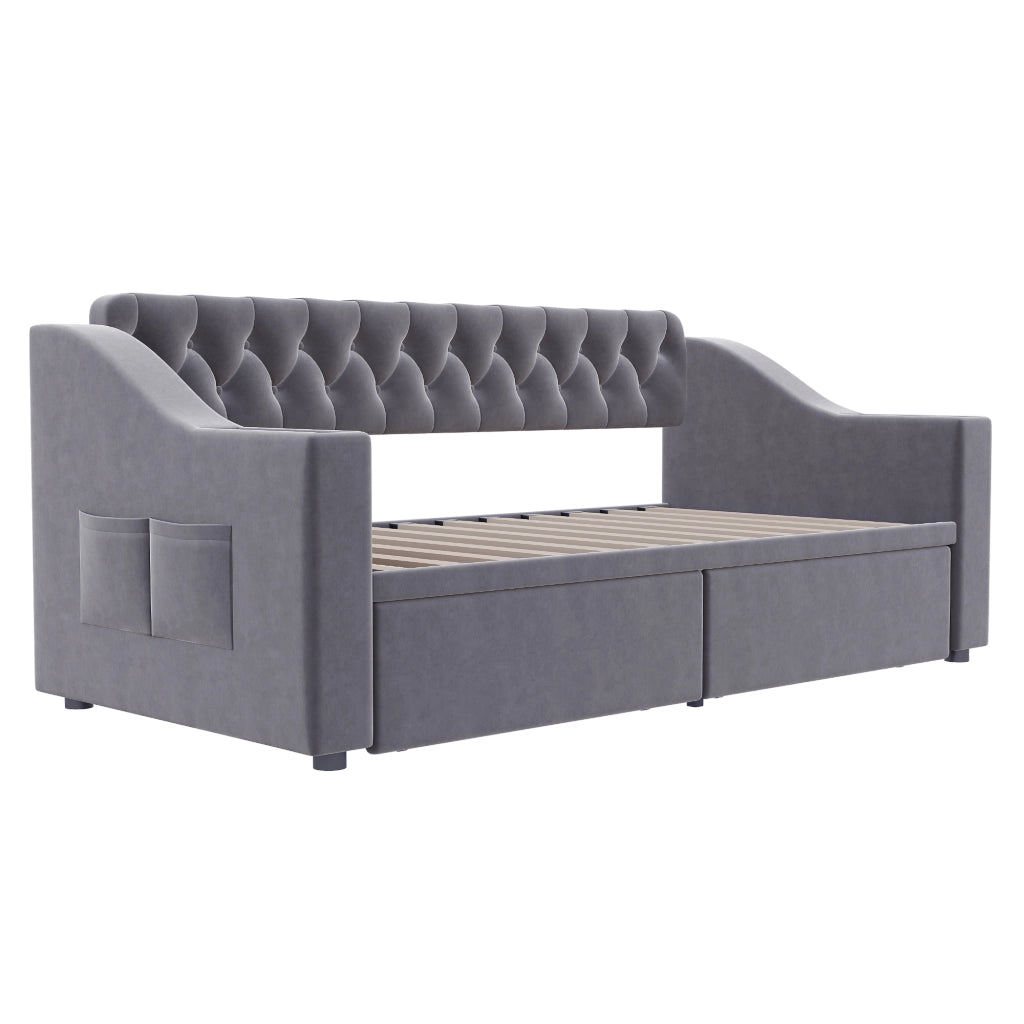Letto imbottito 90x190 cm con divano letto, tessuto velluto, 2 cassetti contenitore, porte USB e struttura in metallo, grigio scuro
