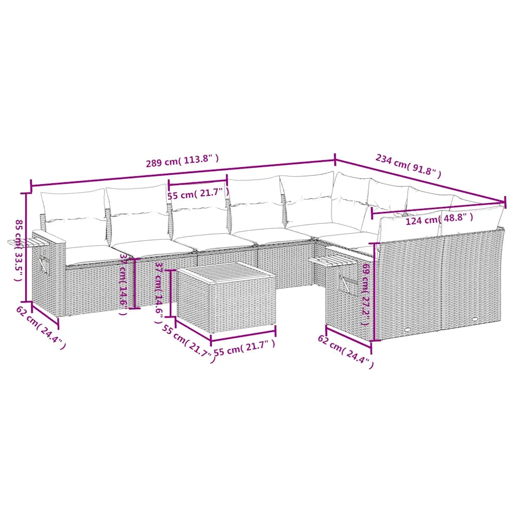 Set Divani da Giardino 10 pz con Cuscini Grigio in Polyrattan