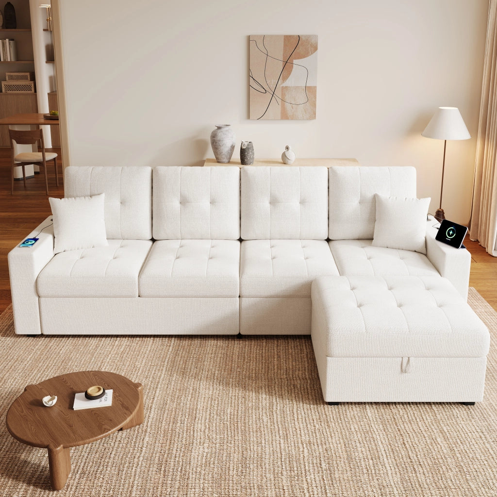 Divano angolare 4 posti con contenitore; USB e LED; pouf modulare in tessuto beige