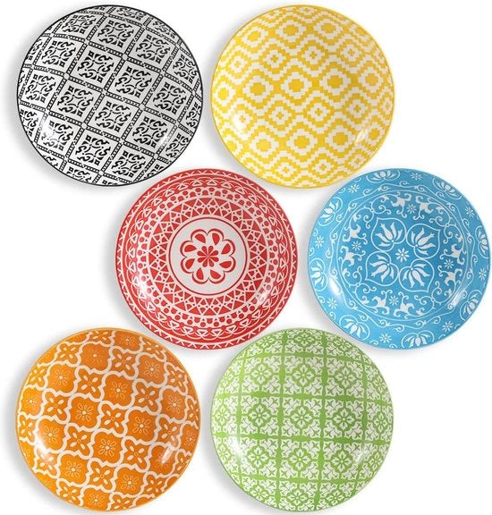 Set di piatti bassi, Piatto per pasta, Piatto per zuppa, Piatto basso in ceramica per pasta, zuppa, insalata, spaghetti, 6 pezzi, Piatto per insalata in ceramica, Piatto per pasta, Colorato 680 ml, Resistente a microonde e lavastoviglie, 20 x 4 cm.