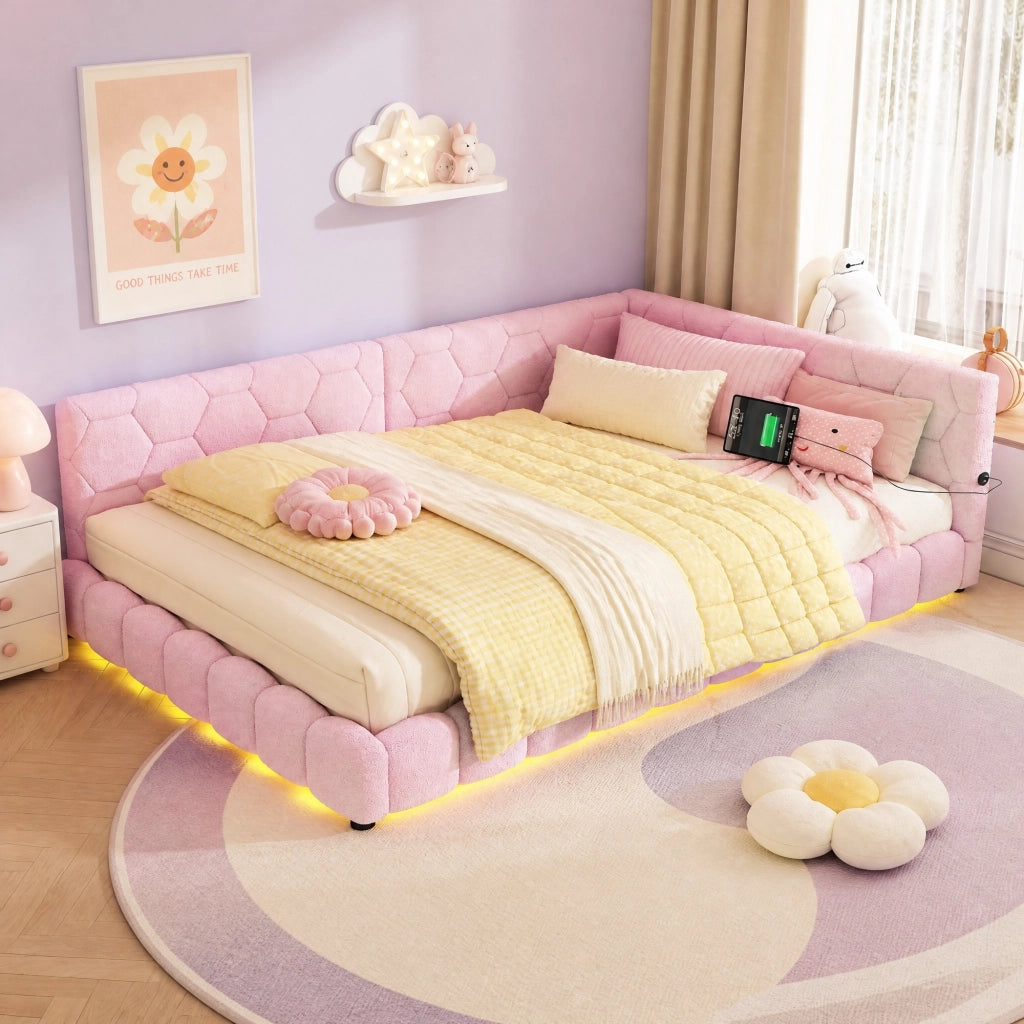 Letto daybed 140x200 cm con rete a doghe; luce LED regolabile; USB e Type-C; rosa
