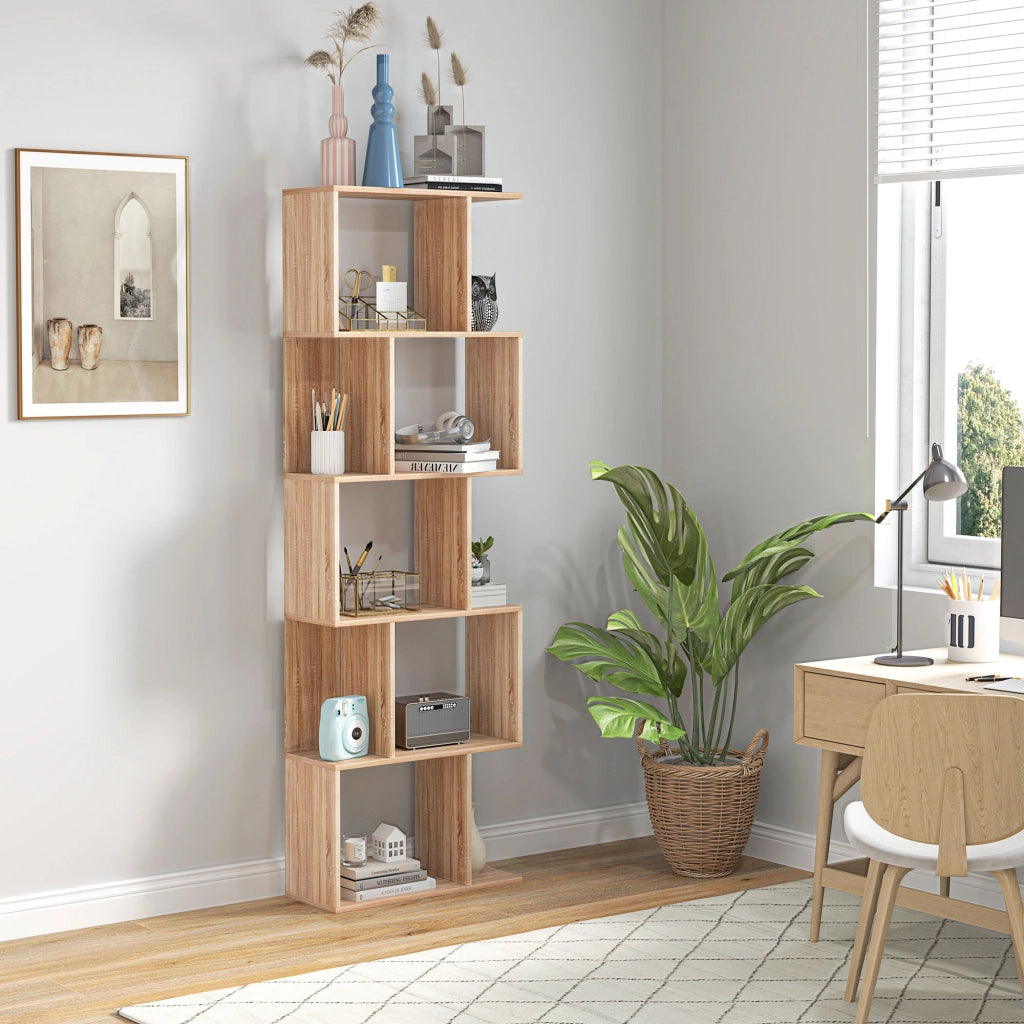 Mobile Libreria in Legno a 5 Ripiani con Divisorio, 60x24x184.5 cm, Color Legno