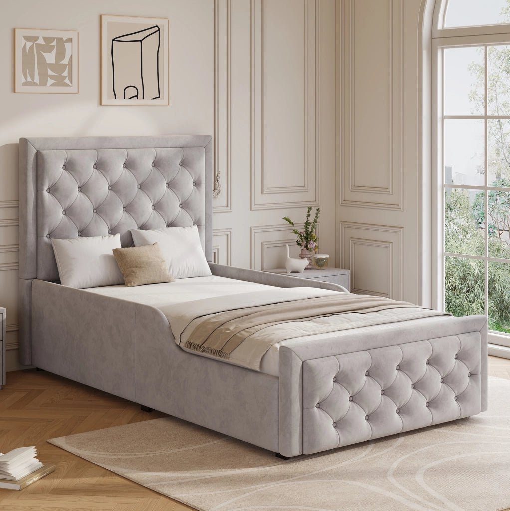 Letto singolo imbottito per bambini 90x200 cm in velluto grigio con contenitore e rete a doghe