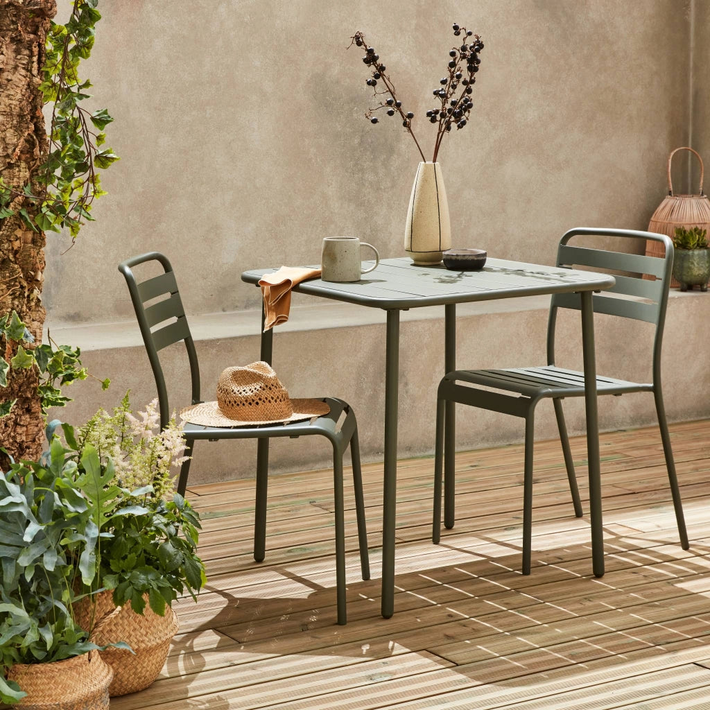 Set tavolo da giardino in acciaio con 2 sedie, 70cm, verde kaki
