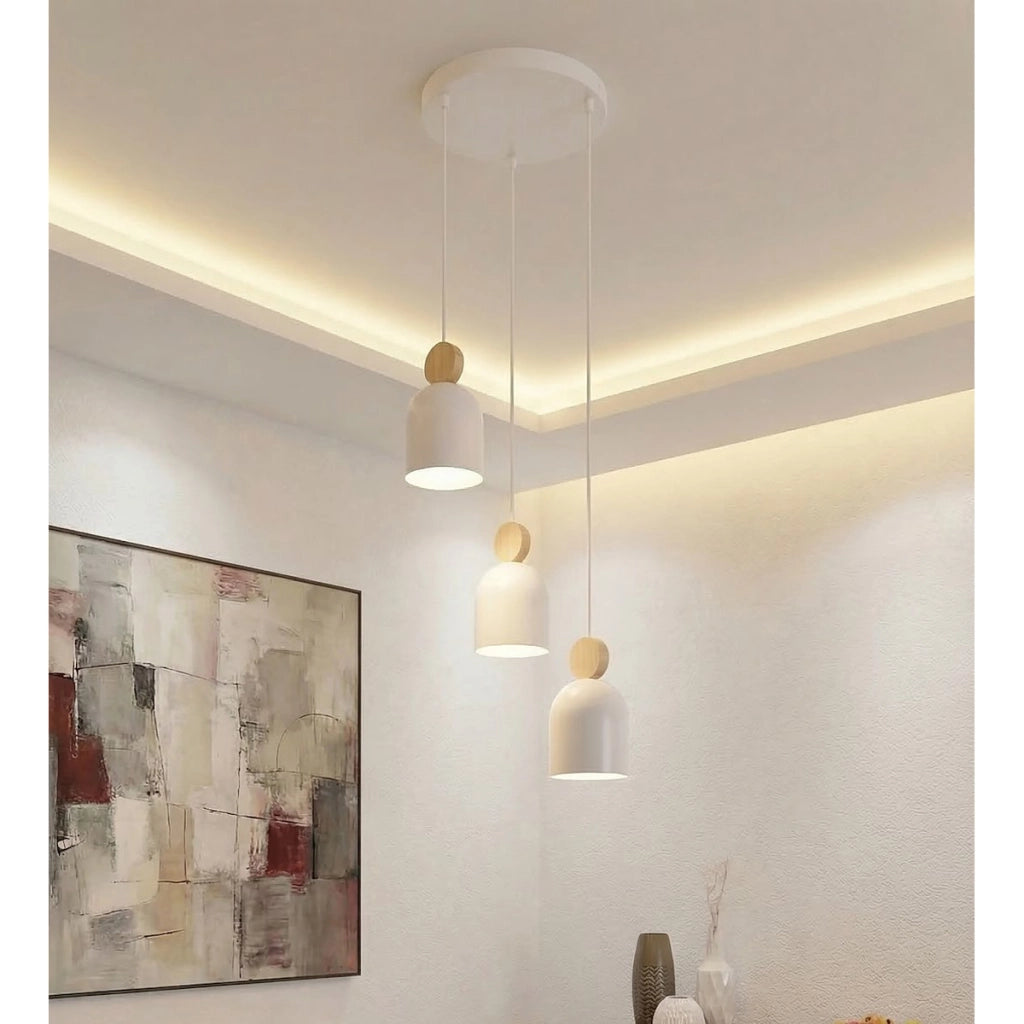 Lampada a sospensione MESI in acciaio bianco opaco e legno
