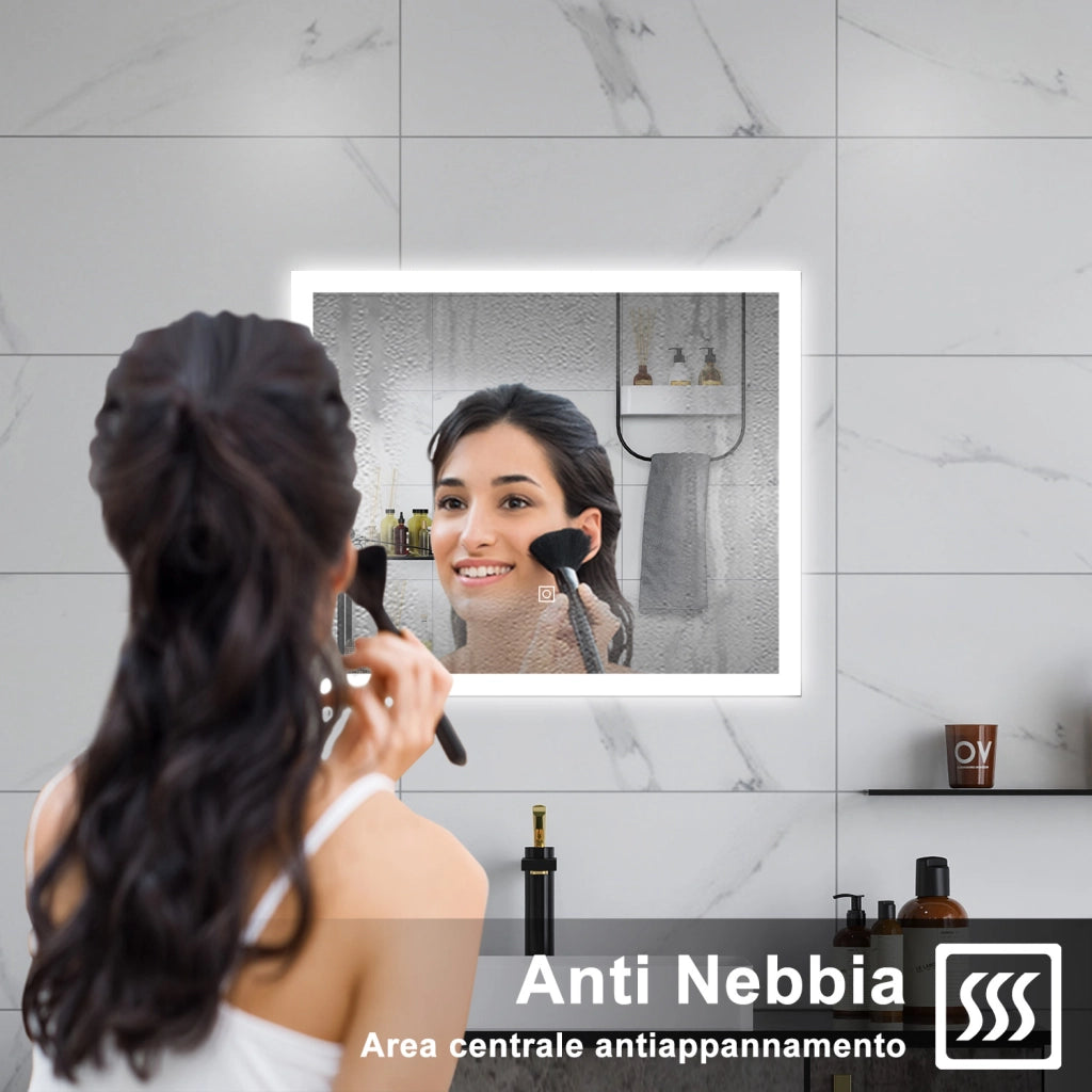 AICA Specchio da bagno  90 x 70 cm, dimmerabile, Funzione Memoria, antiappannamento, 3 colori