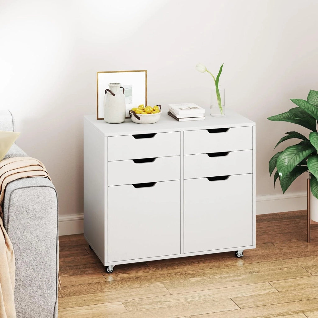 Cassettiera da Ufficio con 4 Cassetti e 2 Ante, Armadietto da Studio in Legno con 5 Ruote Universali, Mobile Porta Stampante Salvaspazio, per Soggiorno, 73 x 40 x 64,5 cm, Bianco