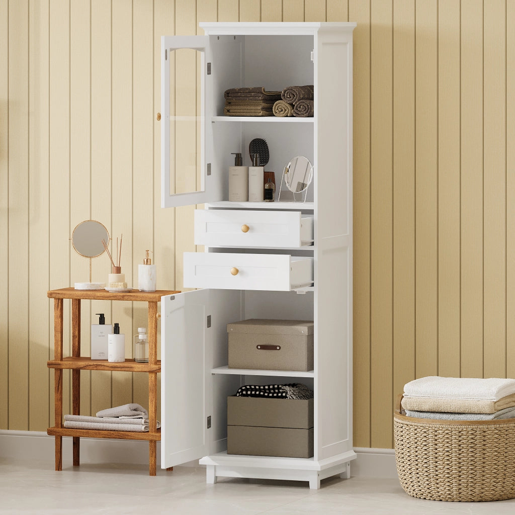 Armadietto da bagno con porta in vetro, 2 cassetti e ripiani regolabili, in MDF e vetro, bianco 45 × 36 × 160 cm