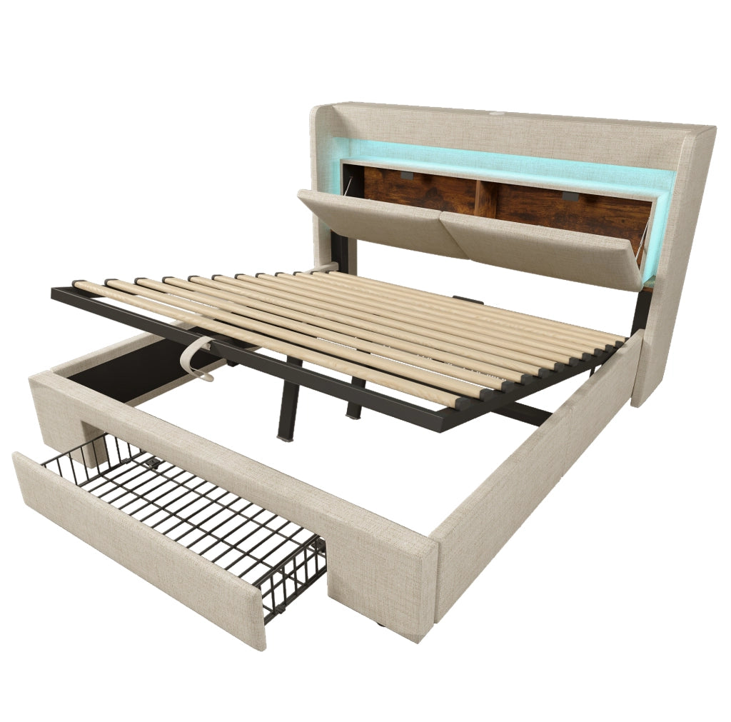Letto matrimoniale 160x200 cm con contenitore idraulico; LED; USB e USB-C; lino beige