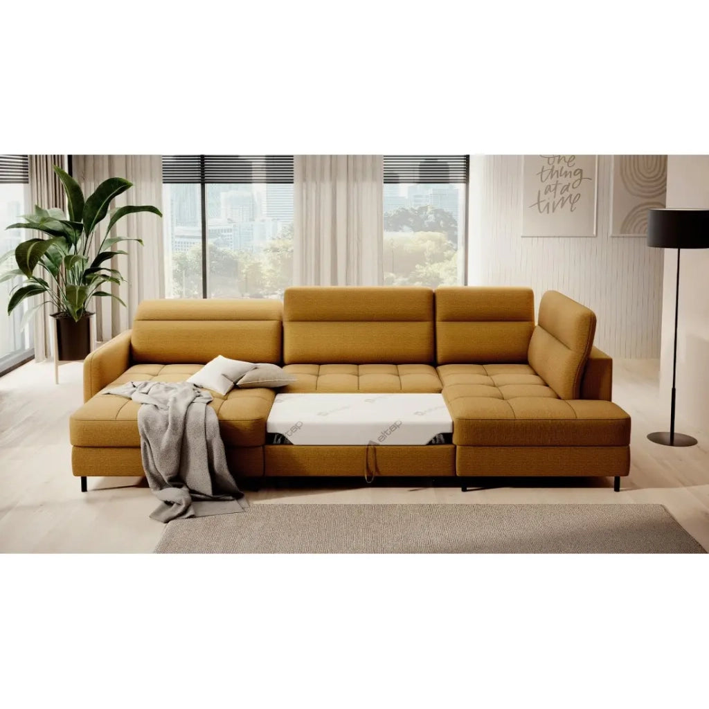 Divano angolare convertibile BERTHO 306 cm giallo arancio – Angolo sinistro con contenitore