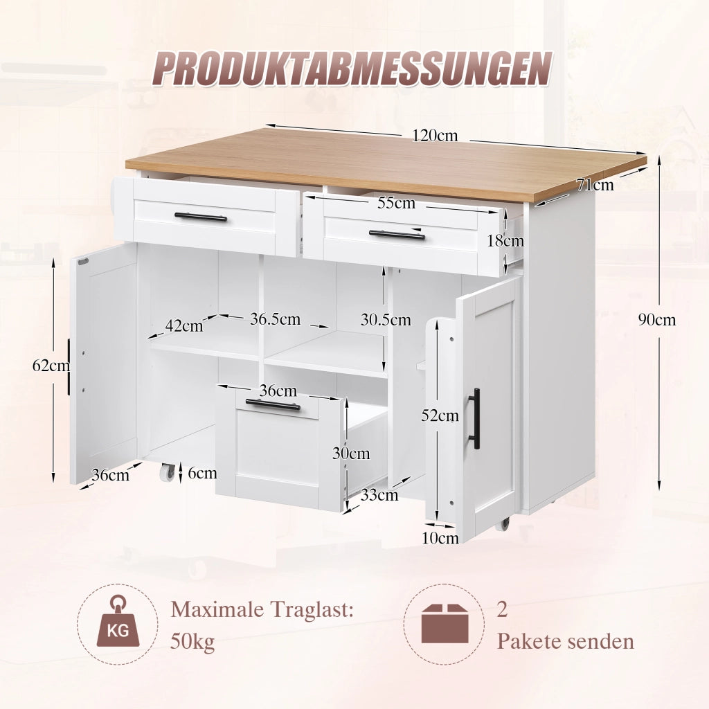 Carrello da Cucina con 1 Anta; 3 Cassetti; Ripiani Regolabili; Vassoio Pieghevole e Portaasciugamani; 120x46x90 cm