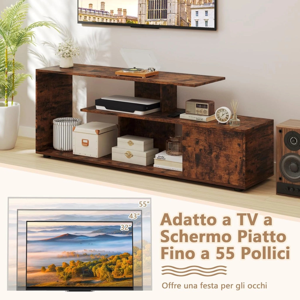 Mobile Porta TV, per TV Fino a 55'', Console Media a 3 Ripiani Asimmetrici con Ripiani di Stoccaggio e Armadietto, Mobile TV con Cassetto, 5 Gambe di Supporto (Industriale)