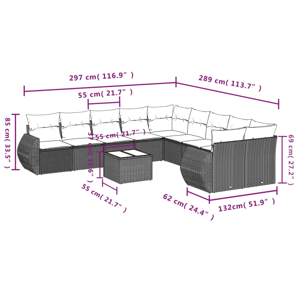 Set Divani da Giardino 11 pz con Cuscini in Polyrattan Nero 3254253