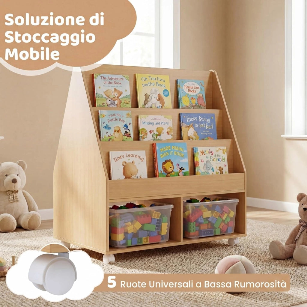 Libreria Montessoriana per Bambini, Scaffale per Giocattoli in Legno con Lavagna e 5 Ruote, Libreria a 3 Ripiani e Scomparti, per Cameretta e Asilo Nido, 90 x 45,5 x 87 cm (Naturale)