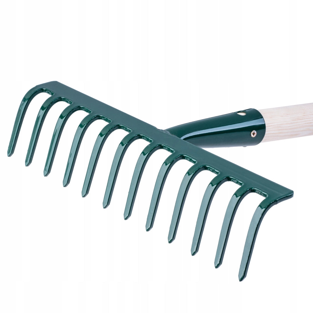 Rastrello per foglie KADAX, per giardino ed erba, con manico in legno, 138 cm, rastrello solido a 12 denti.
