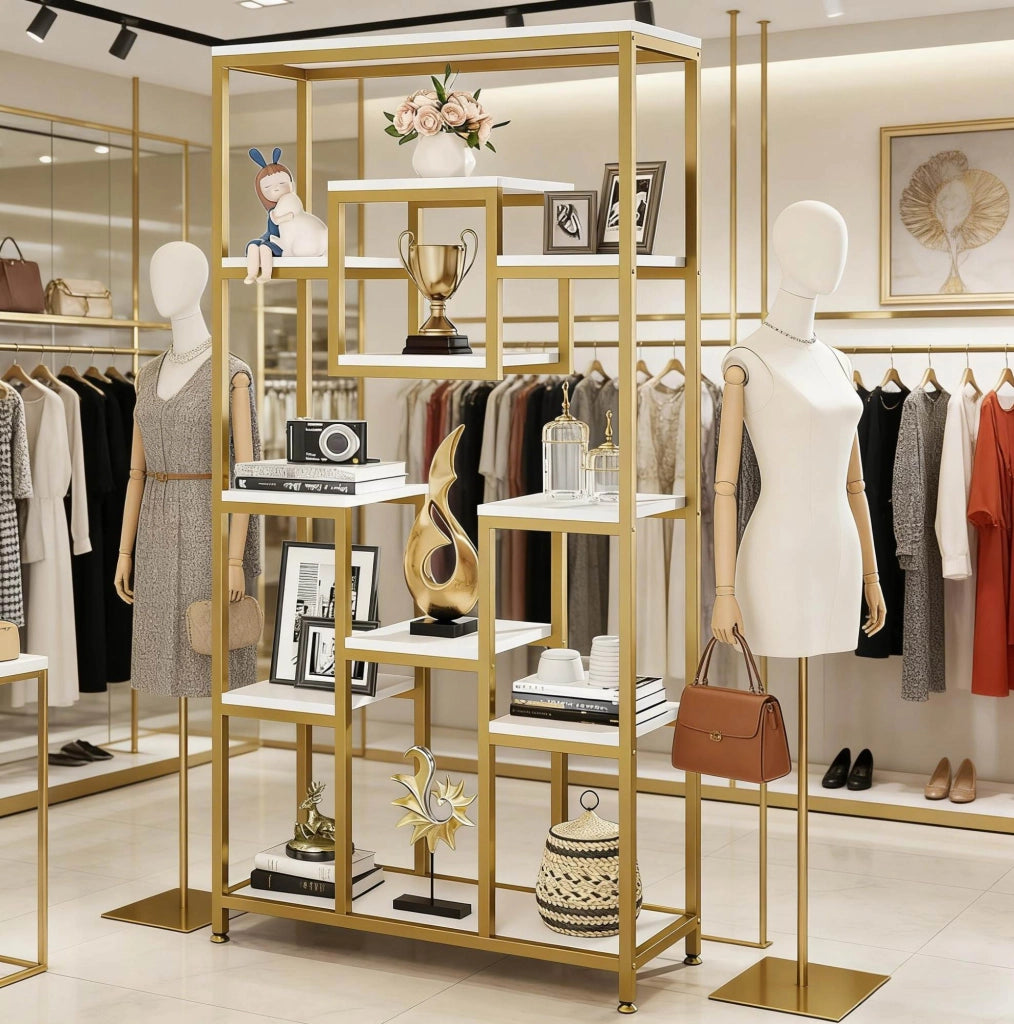 Libreria oro e bianco in metallo e legno, 11 ripiani aperti