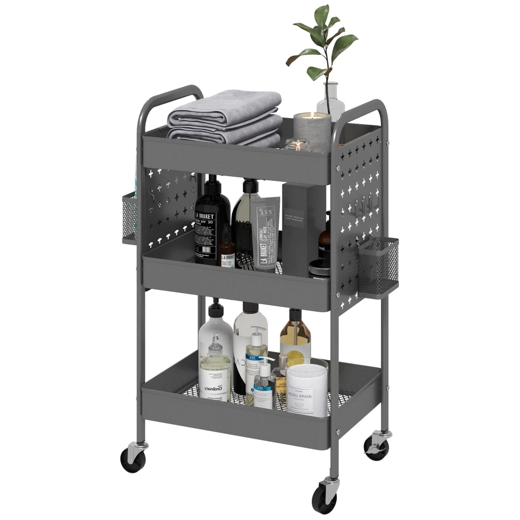 Carrello Multiuso con 3 Ripiani e 4 Ruote ¨C zephmum ¨C Grigio 53.5x30.5x75 cm