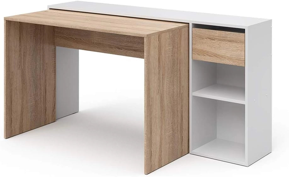Scrivania Ben, Bianco/Sonoma, 145 x 46.4 cm, con piano di lavoro e ripiani aperti per l'organizzazione