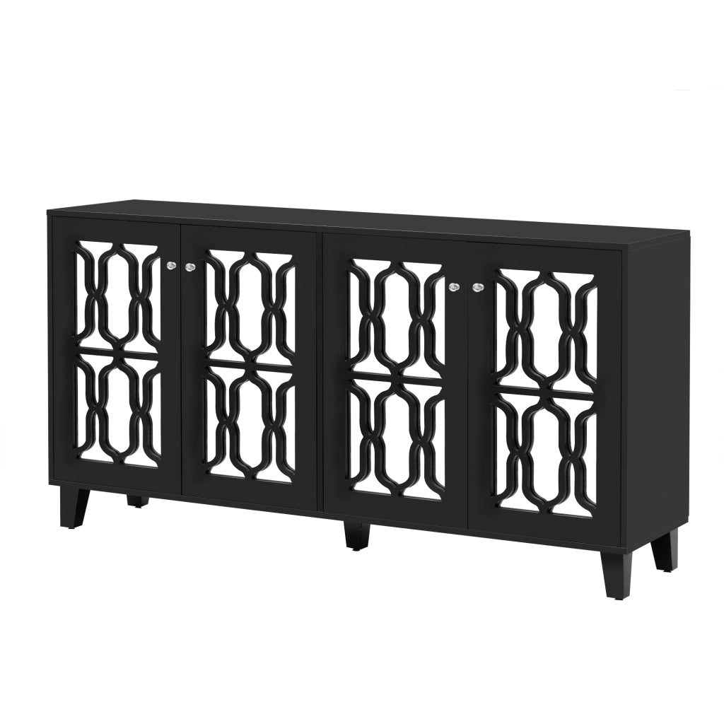 Credenza con 4 Ante e 2 Ripiani Regolabili; Frontali a Specchio; in MDF; Nero; 160??40??84 cm