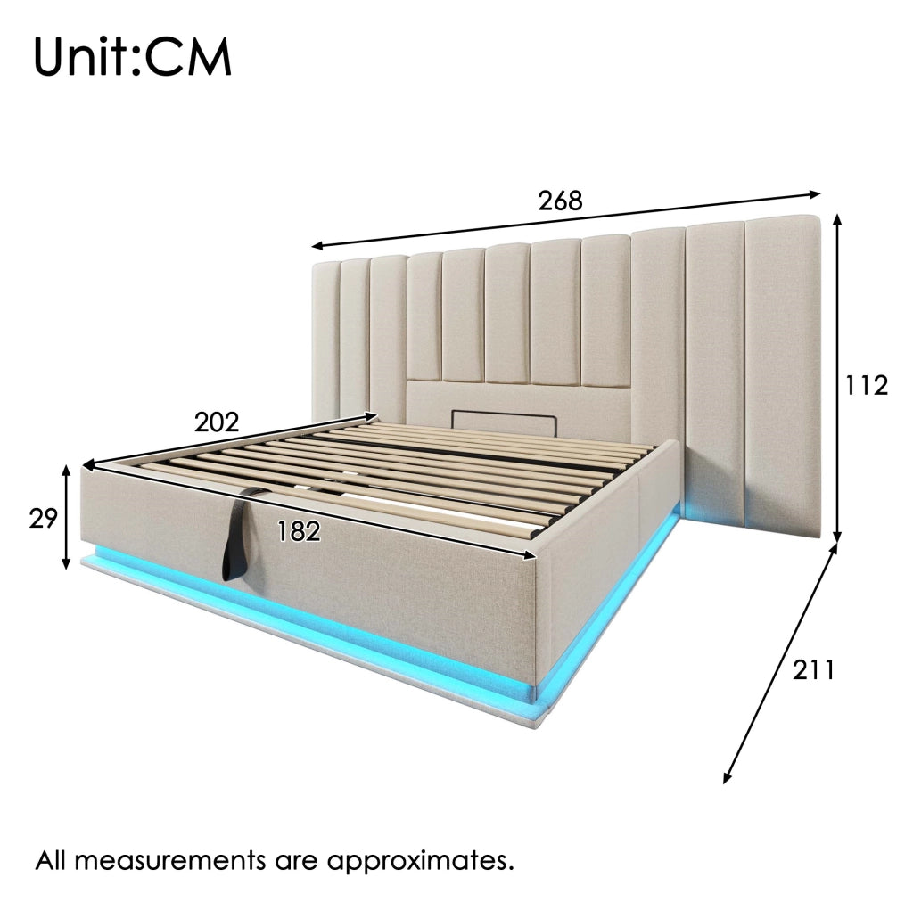 Letto contenitore matrimoniale 180x200 con LED; USB-C e materasso; beige
