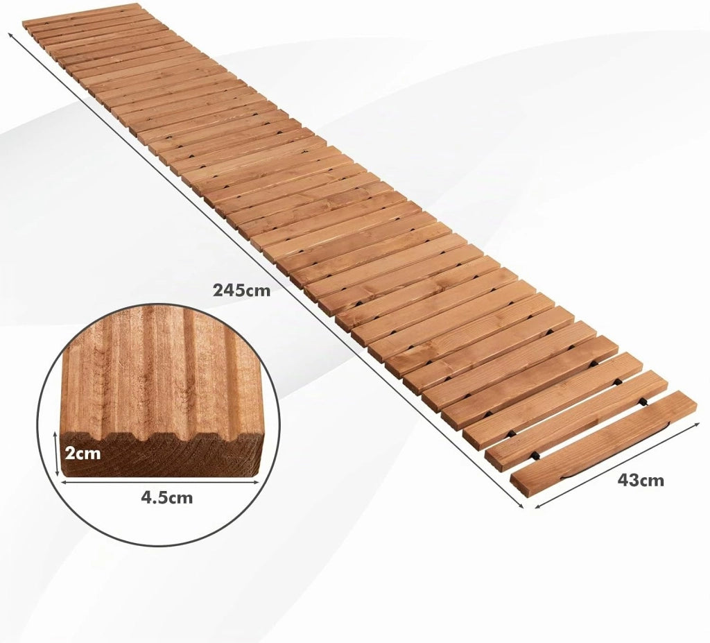 Passerella Arrotolabile per Giardino, Sentiero da Giardino con Filo di Ferro e Consistenza Antiscivolo Resistente alle Intemperie, Percorso in Legno per Cortile e Spiaggia (245 x 43 x 2 cm)