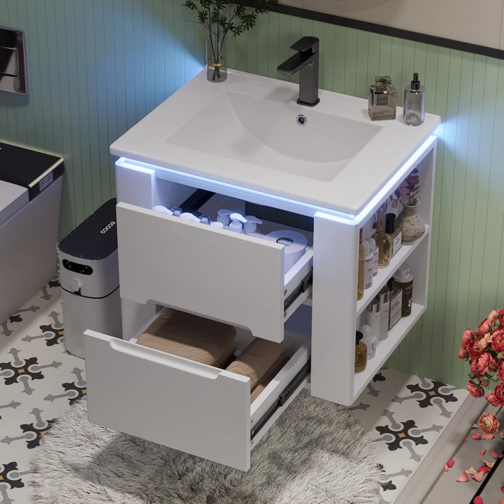 Mobile sottolavabo sospeso con lavabo in ceramica, 2 cassetti, illuminazione a sensore LED, bianco 61 × 46 × 48.5 cm
