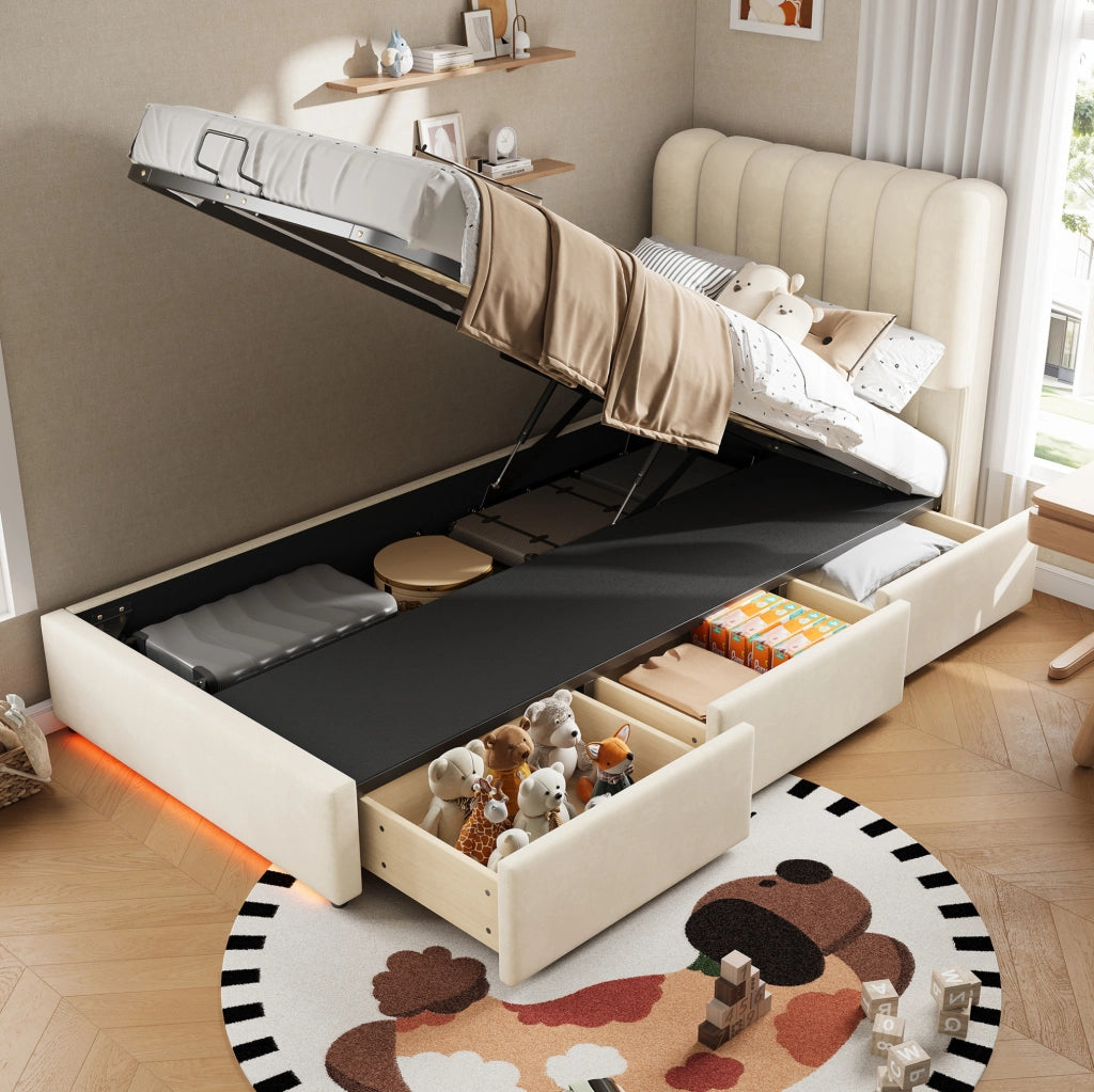 Letto imbottito con contenitore, 3 cassetti e LED 90x200 cm beige