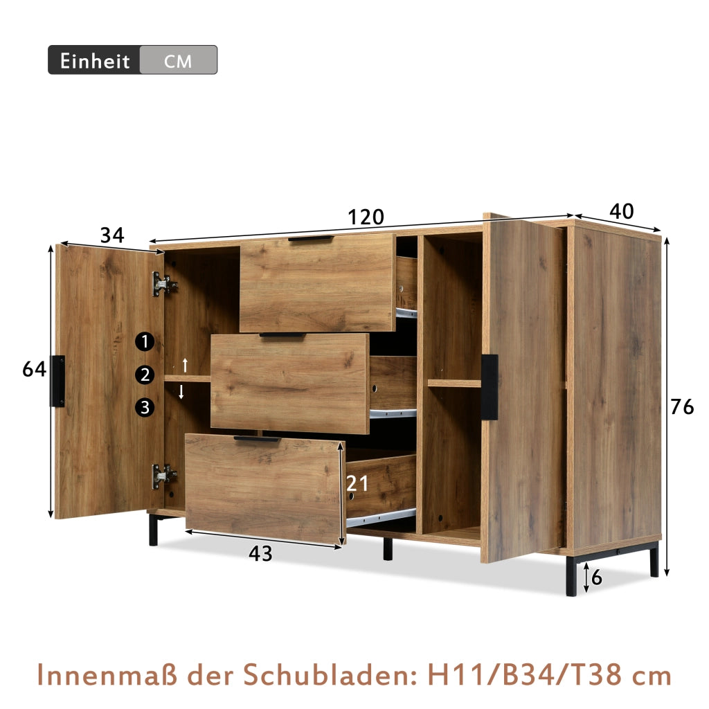 Cassettiera con 2 Ante e 3 Cassetti con Ripiano Regolabile; Stile Industriale; in Pannelli; Rovere Scuro; 120??40??76 cm