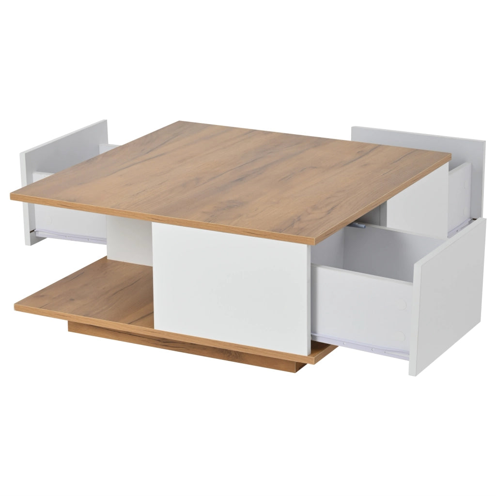 Tavolino da Caffè Quadrato con 3 Cassetti e Vano a Giorno; Finitura Lucida; in Truciolare; Bianco e Noce; 70×70×31;5 cm