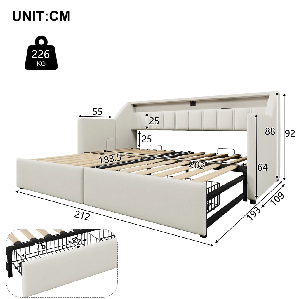 Letto estraibile singolo 90×200 cm con USB; Type-C; LED; 2 cassetti e 2 tasche; senza materasso; lino; beige