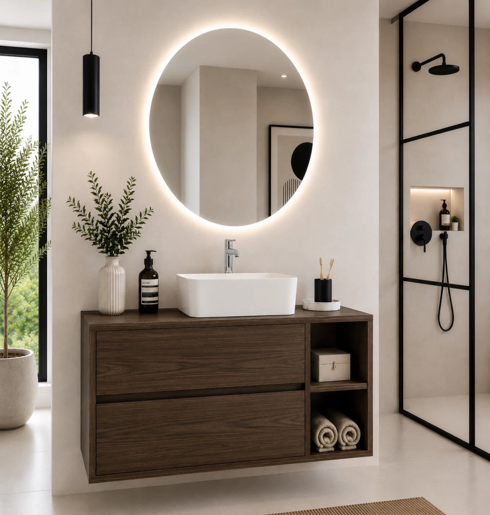 Mobile bagno con top in legno e lavabo da appoggio ORIGENBATH ZEUS senza specchio 70x45 cm Destra frassino tea
