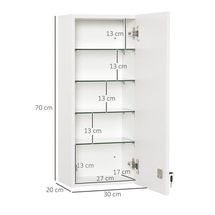 Armadietto per Medicinali 30x20x70 cm con Serratura in Legno e Vetro Bianco