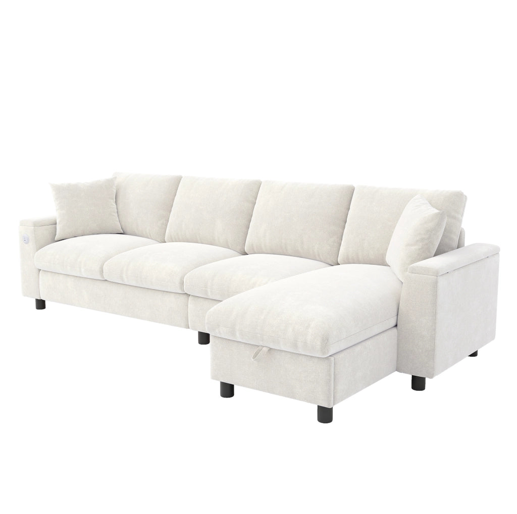 Divano letto angolare 280x137x84 cm con tavolino ribaltabile e contenitore in chenille beige