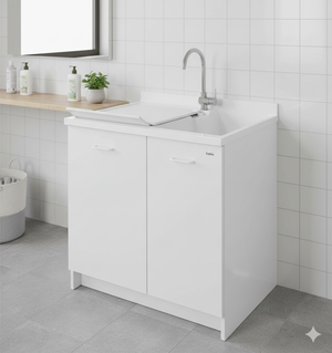 Mobile Lavatoio 80x60x85cm 2 Ante 2 Vasche Asse in Termoplastico Montegrappa Edilla Bianco