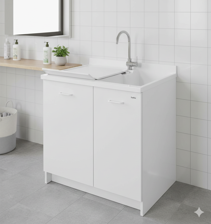 Mobile Lavatoio 80x60x85cm 2 Ante 2 Vasche Asse in Termoplastico Montegrappa Edilla Bianco