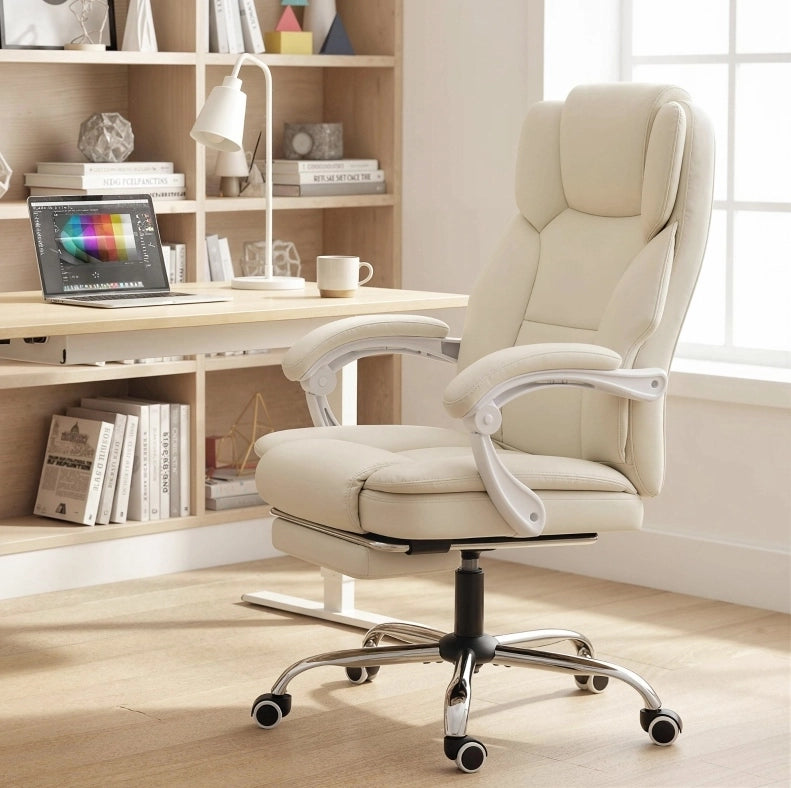 Sedia da ufficio reclinabile beige con poggiapiedi
