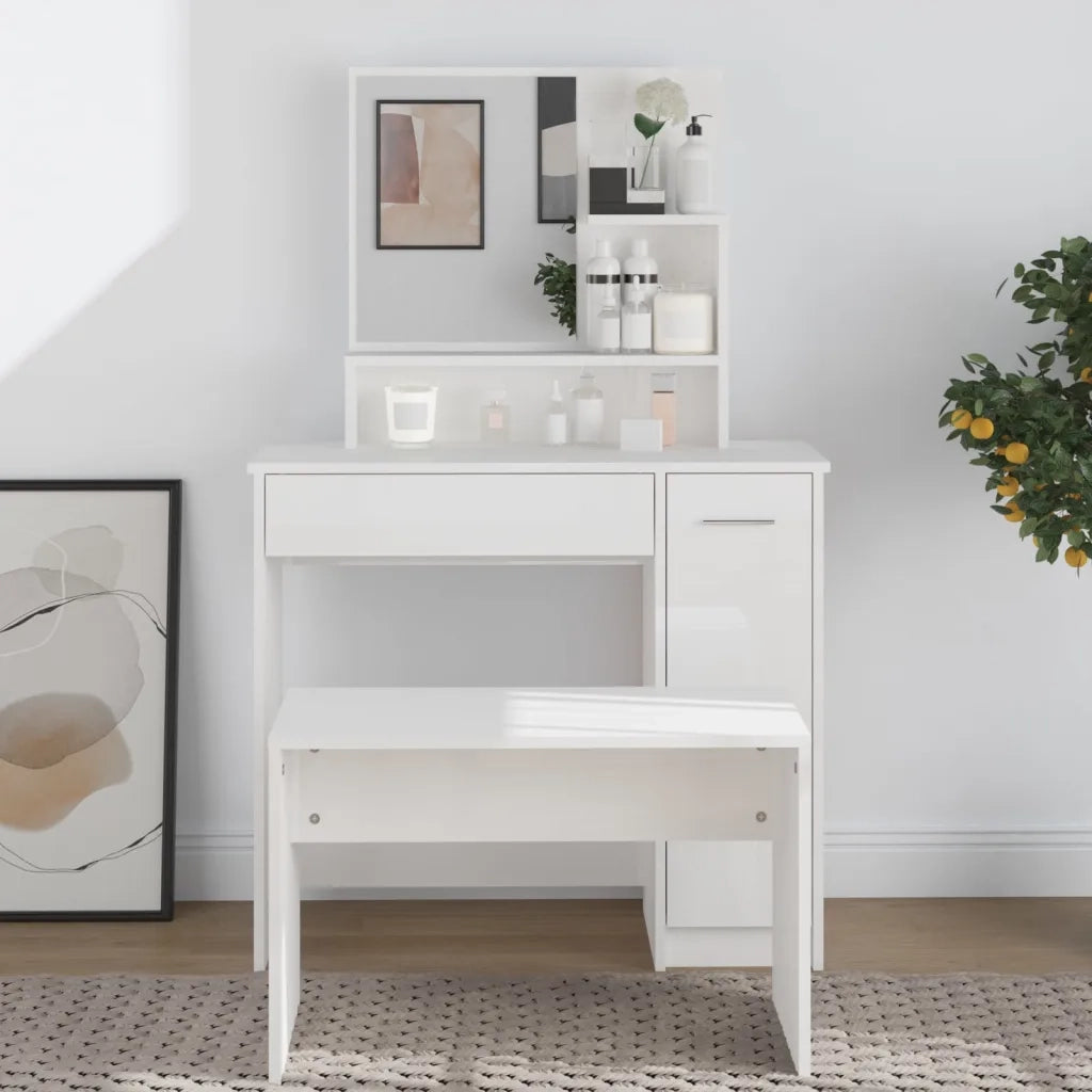 Toeletta con Specchio-Tavolo da Vanit¨¤ Bianco Lucido 86,5x35x136 cm