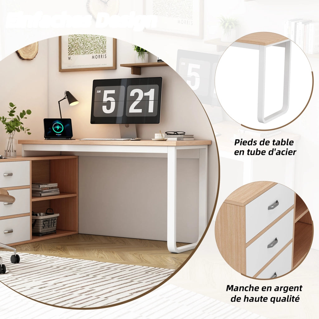 Scrivania lineare per ufficio con tre cassetti e due vani aperti in MDF e metallo naturale 147 × 100 × 75,3 cm