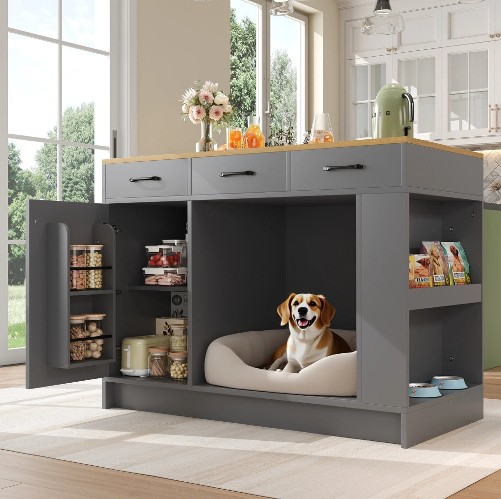 Carrello portavivande con area per animali; ripiano regolabile; MDF; naturale grigio