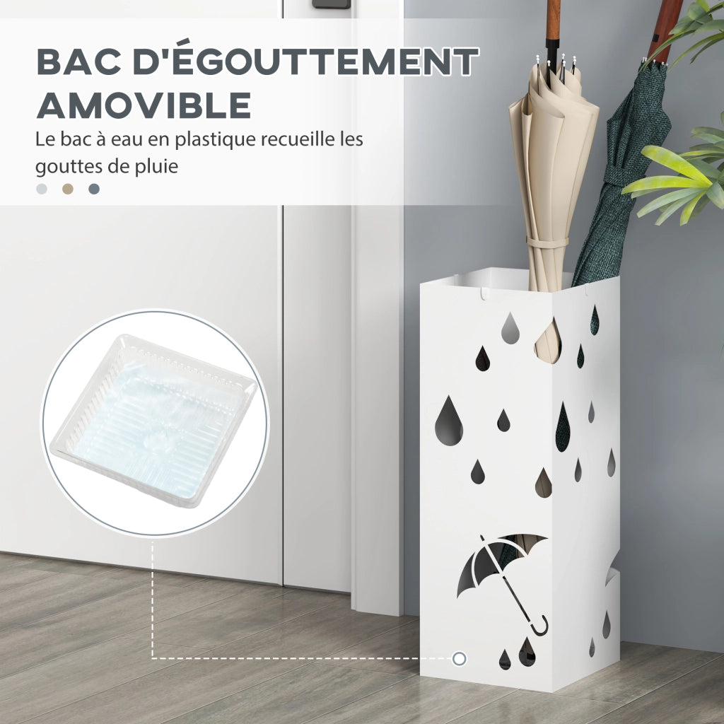 Portaombrelli Quadrato ¨C Xylo ¨C Acciaio Bianco con 4 Ganci e Vaschetta Removibile