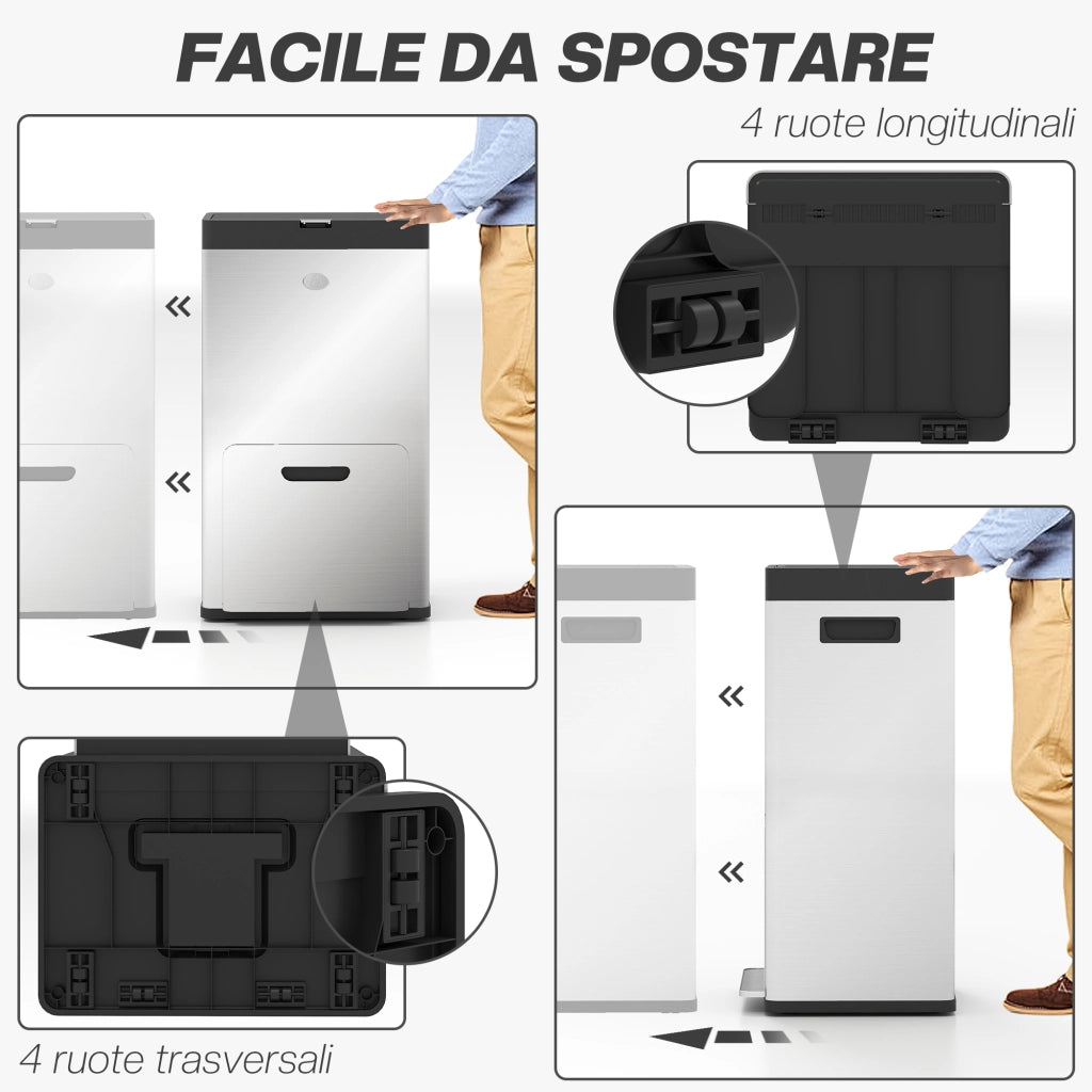 Bidone Immondizia a 3 Sezioni da 56L con Supporto per Deodorante, in Acciaio e PP, 45.7x35.8x76 cm, Argento