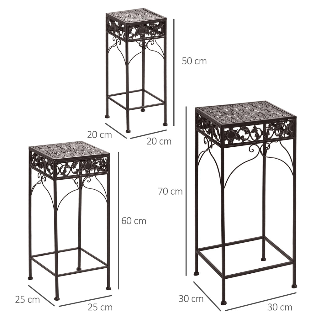 Easycomfort Set di 3 Pezzi Sgabelli Supporto per Piante Classico in Ferro, MARRONE