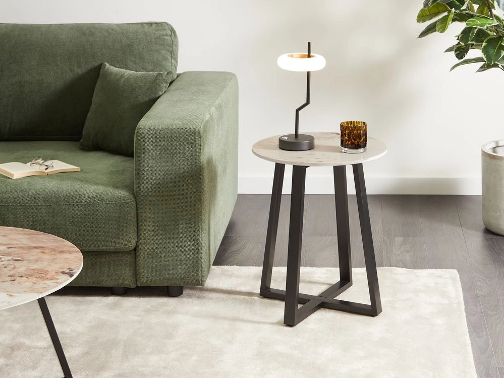 Tavolino nero con piano in ceramica bianca Struttura in metallo Rotondo effetto marmo Design moderno