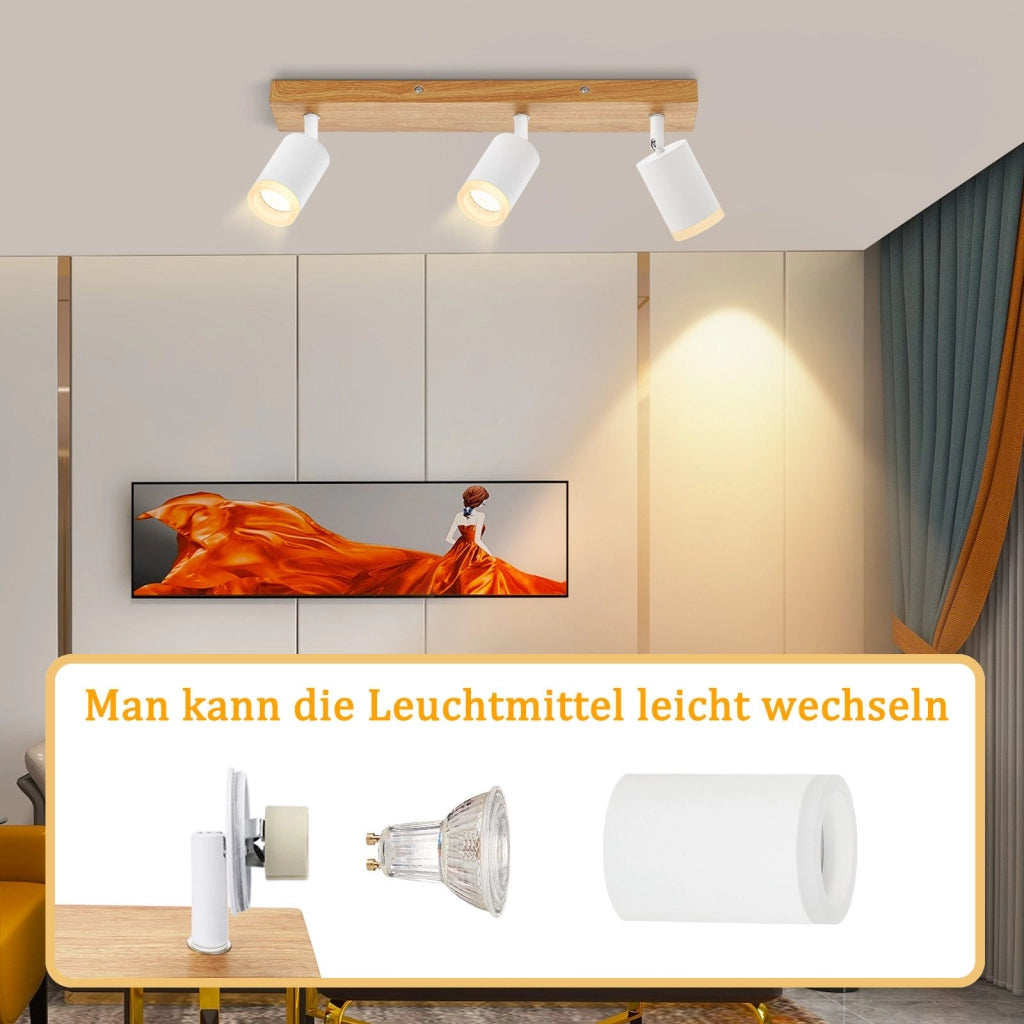 ZMH Faretto da soffitto 3 luci GU10 legno acrilico girevoli 350° per soggiorno