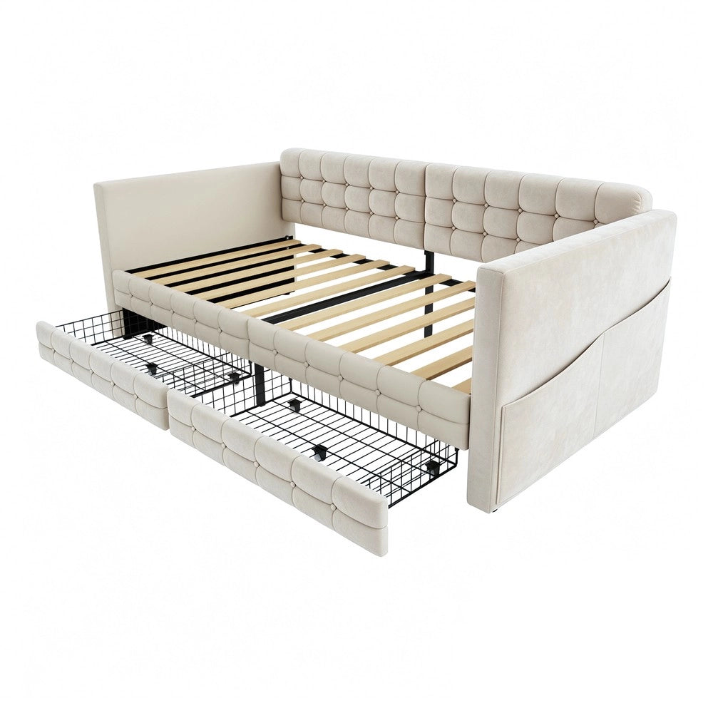 Letto imbottito singolo contenitore ¨C Minimal ¨C velluto beige 90x190 con cassetti